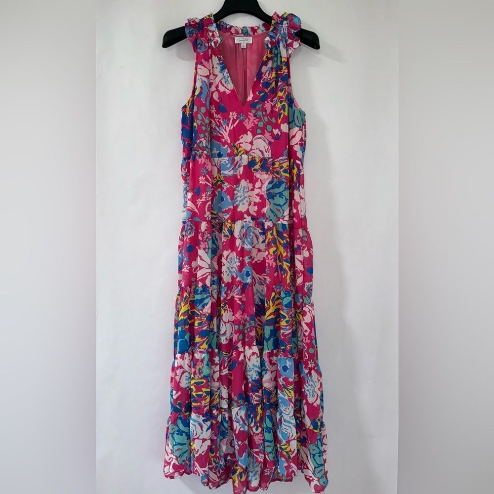 Mud Pie Pink Floral Sleeveless Maxi Dress Small Sheer with lining